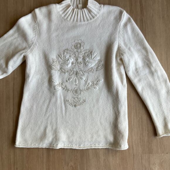 Coldwater Creek Embroidered Doves Sweater cream white mock neck angora ivory M - Picture 6 of 10